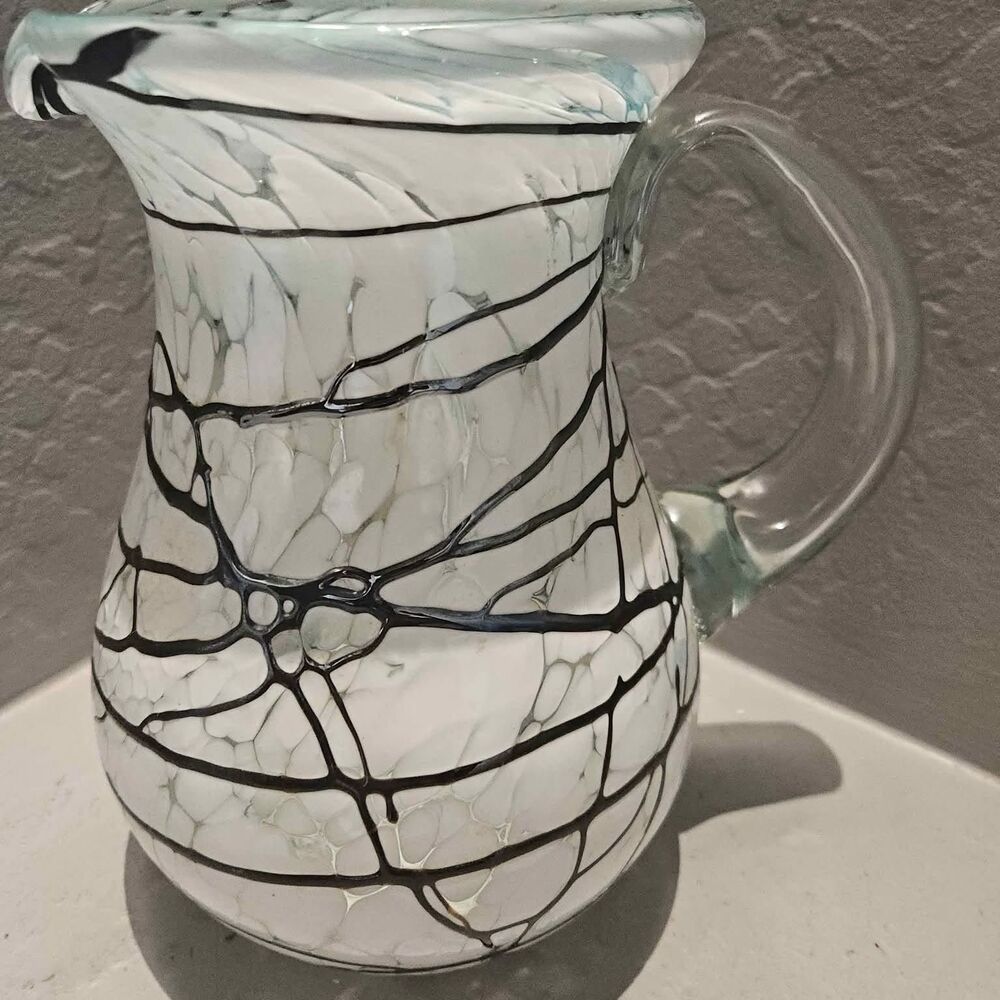 Black and White Art Glass Pitcher White with Drizzle 9"